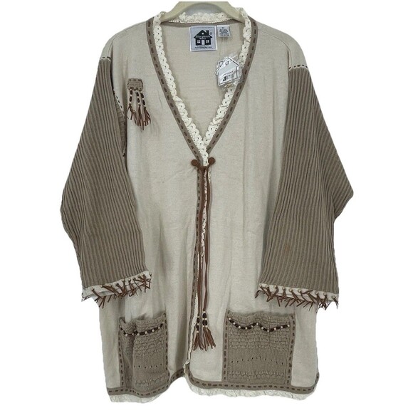 NWT STORYBOOK KNITS Crochet Knit Western Sweater Cardigan Fall Tassle Beaded - Picture 1 of 13